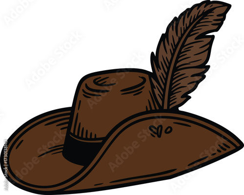 Brown cowboy hat with feather vector illustration western style accessory for fashion and costume use 