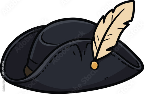 Pirate style black tricorn hat with beige feather accessory vector illustration for costume and historical theme 
