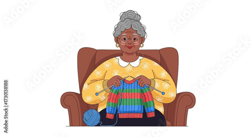 Elderly woman with gray hair knitting a colorful sweater while seated in a brown armchair.