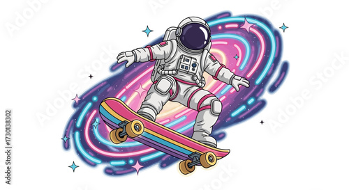 An astronaut in a spacesuit skateboarding through a vibrant, colorful, swirling nebula with shining stars.