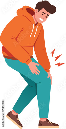 Young man wearing orange hoodie experiencing knee pain holding leg in discomfort vector illustration 
