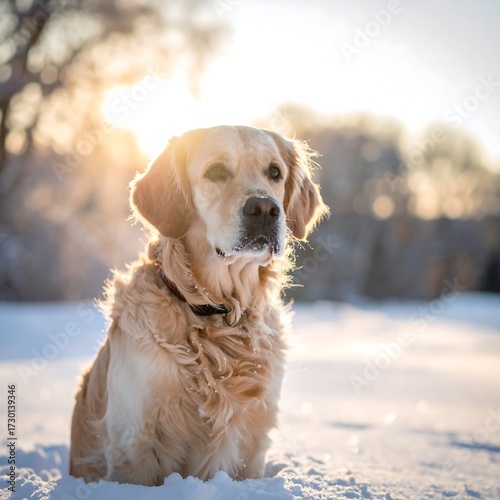 Golden retriever sitting in snow, backlit by setting sun