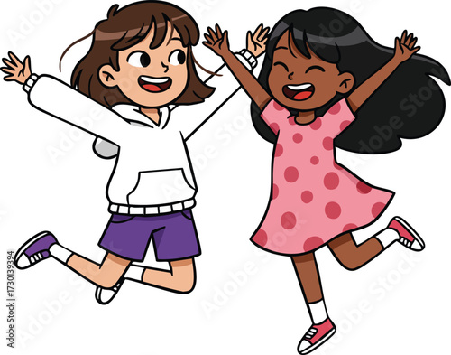 Two happy girls jumping and celebrating in casual clothes vector illustration 