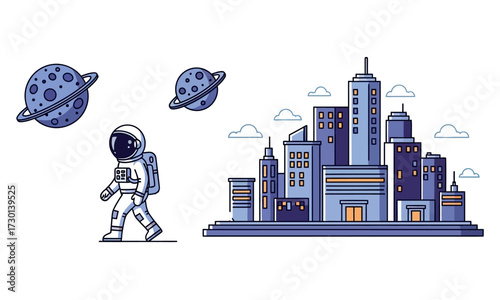 An astronaut walks towards a city skyline, with planets floating in space.