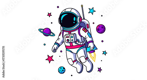 Cartoon astronaut floating in space surrounded by colorful stars, planets, and a rocket booster, isolated on a white background.