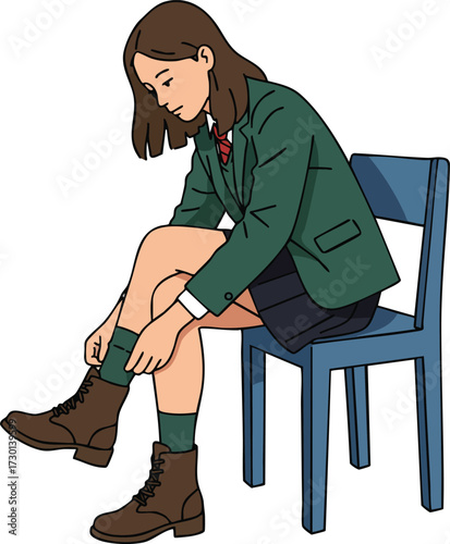 Young woman sitting on chair putting on brown boots casual outfit vector illustration 