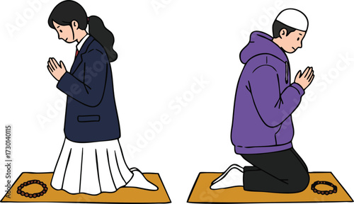 Man and woman praying on separate prayer mats with rosaries in peaceful spiritual practice vector illustration 