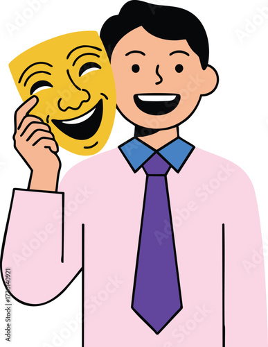 Man holding comedy theatrical mask happy expression wearing pink shirt and purple tie vector illustration 