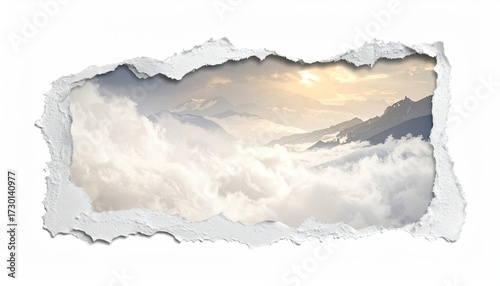 Mountains and Clouds Seen Through Ripped White Paper Background Reveals Dramatic Cloudscape with Layers of Mountains and a Radiant Sky