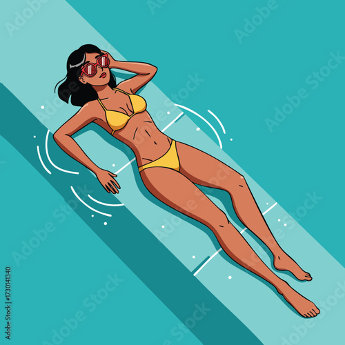 Woman in yellow bikini sunbathing and relaxing by the pool in summer setting vector illustration 