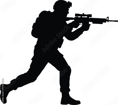 Silhouette of tactical soldier running with rifle, modern military combat gear, armed forces, night vision, isolated on white background