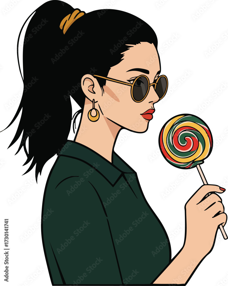 Fototapeta premium Young woman holding colorful swirl lollipop wearing sunglasses and dark green shirt vector illustration 