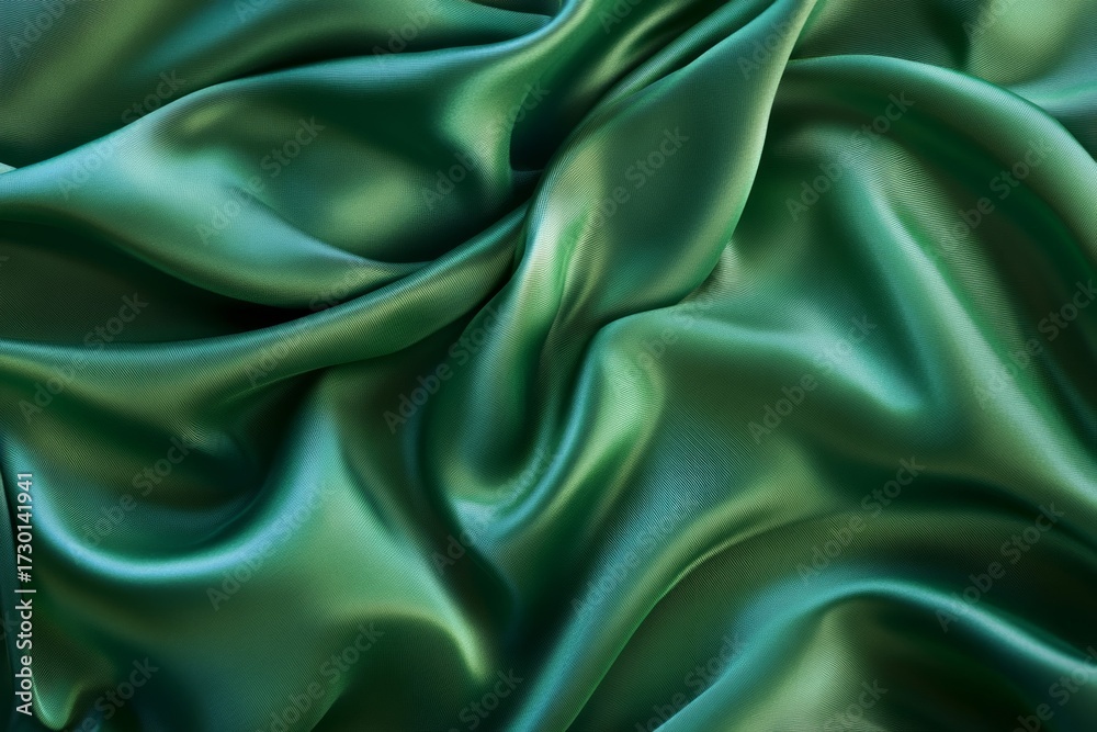 Fototapeta premium Smooth green satin fabric texture in soft light. Neural network AI generated