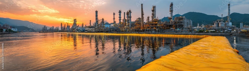 Fototapeta premium Area closure using chemical spill barrier concept. Industrial landscape with sunset reflection on calm waters.
