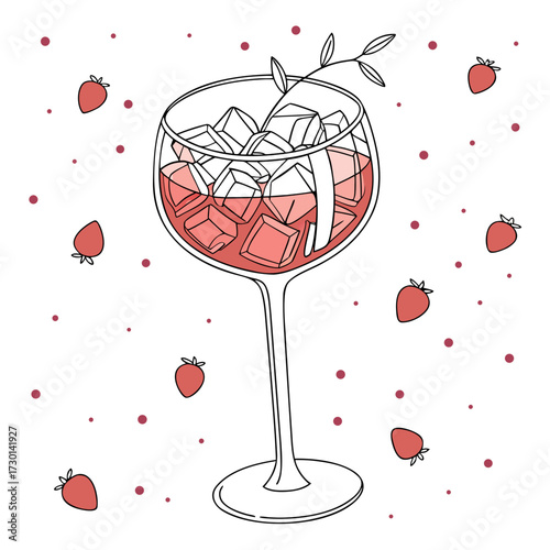 A refreshing pink cocktail with ice cubes and a sprig of greenery in a large wine glass surrounded by scattered strawberries and dots