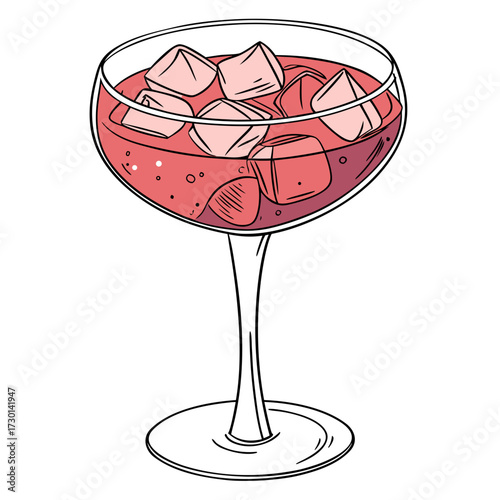A refreshing hand drawn illustration of a pink cocktail with ice cubes in a coupe glass perfect for summer parties and celebrations