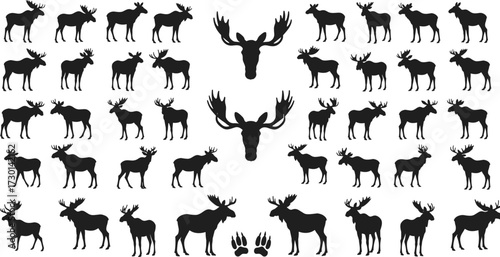 Moose silhouette collection, wild animal vector, elk illustration, deer antler design