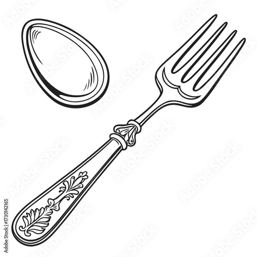 An antique silver fork with ornate detailing on the handle and tines rests beside a single oval shaped silver spoon on a white background