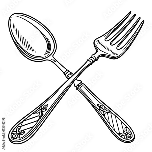 A vintage black and white line art illustration of a spoon and fork crossed over each other on a white background evoking a classic dining or culinary theme