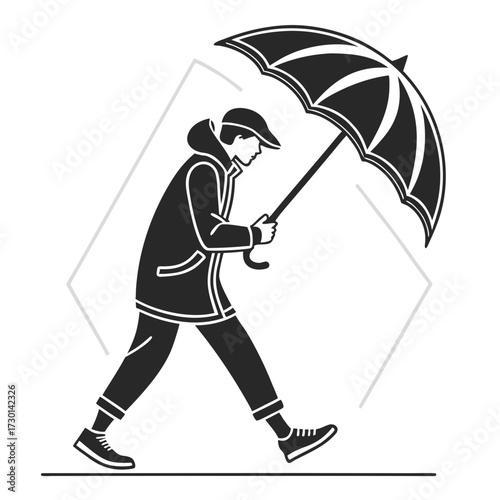 Man in raincoat walking with umbrella