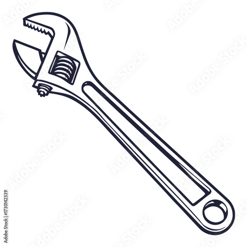 A stylized clean line art illustration of a single adjustable wrench tool depicted in black and white against a plain white background