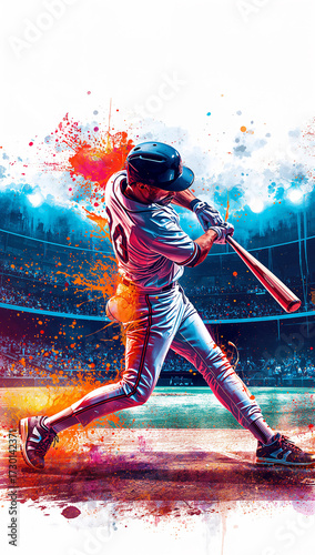 Dynamic Baseball Batter Hitting a Home Run with Neon and Paint Splatter Art Effect