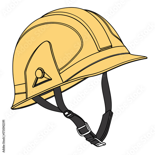 A yellow firefighter helmet with black straps and buckles is depicted in a clean simple illustration against a white background symbolizing safety and protection