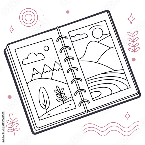 A simple line art drawing of an open notebook with two pages displaying stylized landscape illustrations of mountains trees and rolling hills under a clear sky with a sun and clouds