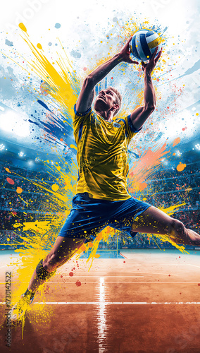 Vertical Volleyball Graphic: Athlete in Jump Action Over Net with Vibrant Art Style
