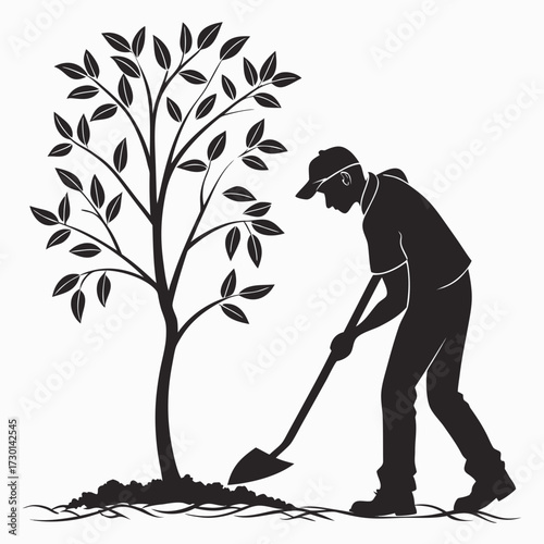 Man planting a tree with a shovel