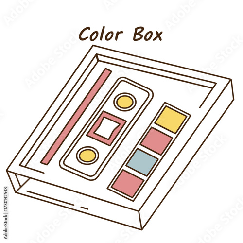 A charming hand drawn illustration of a color box with various compartments containing pastel colored paints and a central rectangular opening perfect for art or design concepts