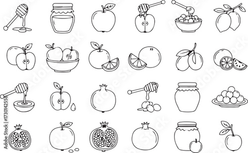 Pomegranate and honey outline icons set – minimal black line drawings.eps