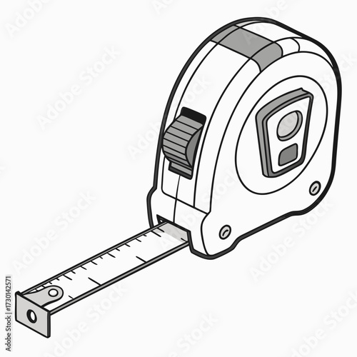 A detailed illustration of a retractable tape measure with its metal tape extended and markings visible isolated on a white background