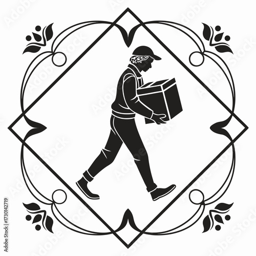 Silhouette of a delivery man carrying a box