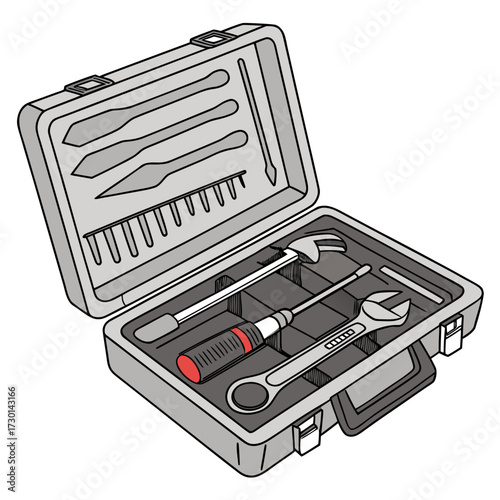 An open toolbox filled with various hand tools including a wrench screwdriver and chisels neatly organized within its compartments ready for use
