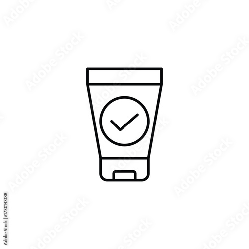 Cosmetics tube and checkmark. Approved skincare quality. Pixel perfect, editable stroke vector icon