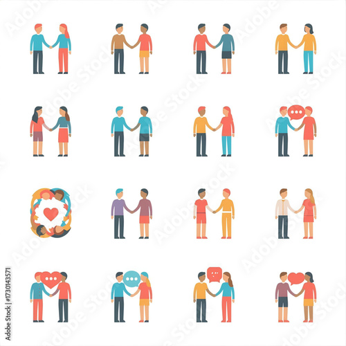 Collection of flat design vector icons showing diverse couples and friends holding hands, illustrating partnership, love, and communication