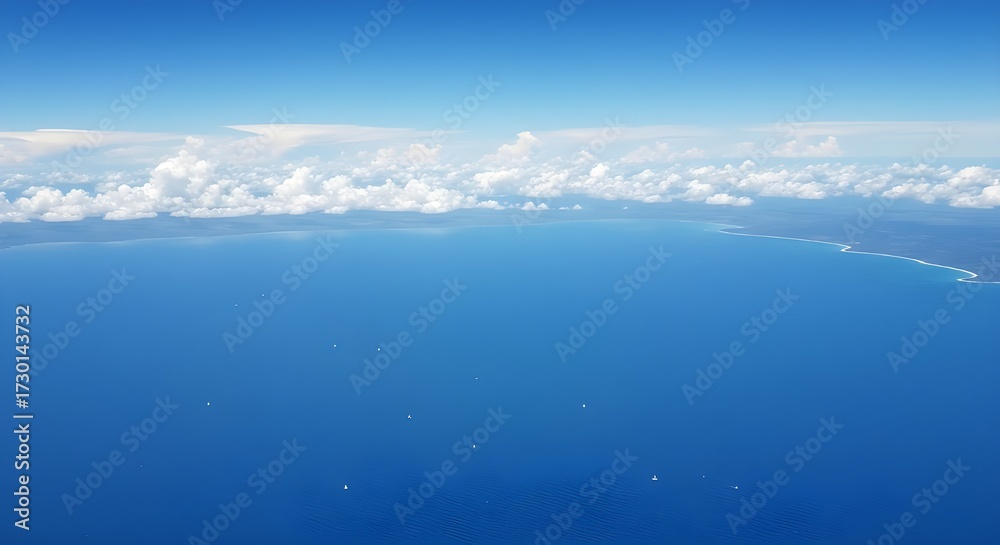 Fototapeta premium Aerial view of tranquil deep blue ocean with distant green landmass under bright sky