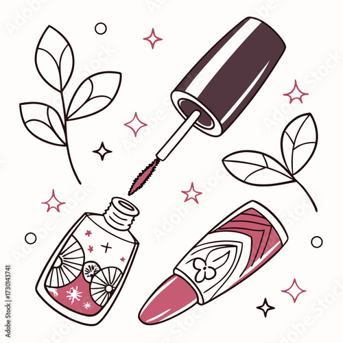 A whimsical illustration featuring an open bottle of mascara with its wand extended a tube of lipstick and delicate botanical elements with sparkling accents on a light background