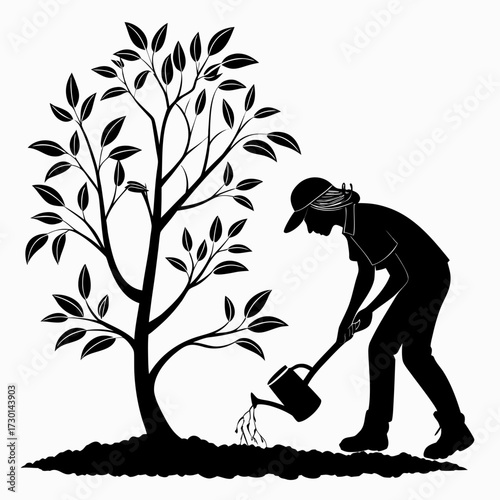Silhouette of a person watering a newly planted tree