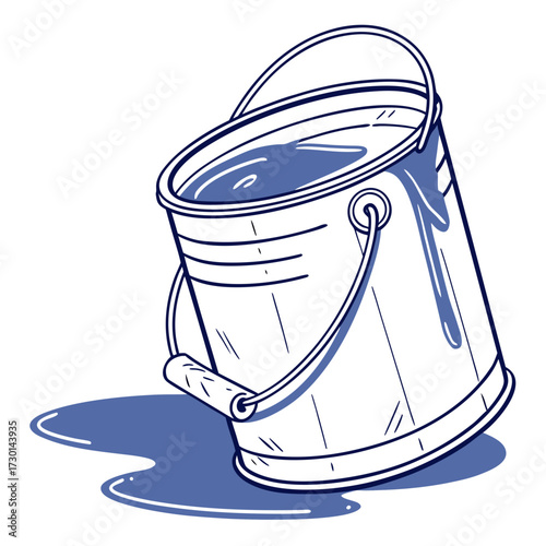 A hand drawn illustration of a tilted metal paint bucket with blue paint spilling onto a white background creating a puddle below the container