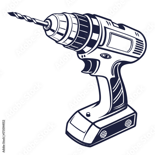 A bold graphic illustration of a cordless electric drill with a sharp drill bit extended presented in a clean dark blue silhouette against a white background symbolizing construction and diy projects