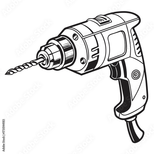 A detailed black and white line drawing illustration of a power drill with a drill bit attached ready for use in construction or diy projects