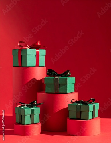 Green gifts with red ribbon atop red cylindrical platforms against a red backdrop