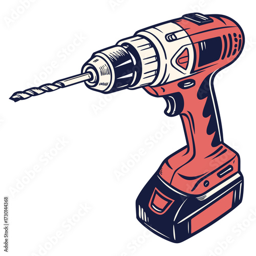 A detailed illustration of a red and blue cordless power drill with a metal drill bit extended isolated on a white background perfect for diy and construction themes