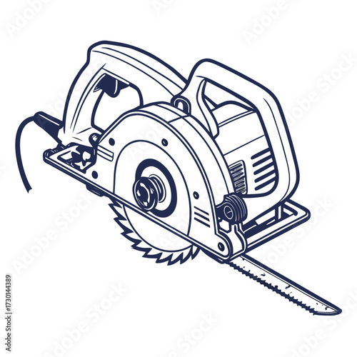 A detailed line art illustration of a powerful electric circular saw with a sharp blade and ergonomic handle ready for woodworking and construction tasks
