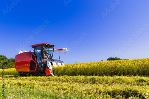 秋晴れの中のコンバインによる稲刈り