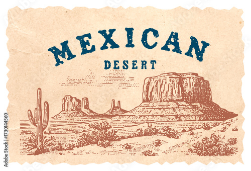 Vintage Mexican Desert Landscape Illustration. Vintage woodcut engraving linocut style vector.