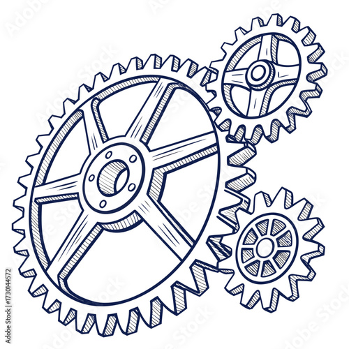 A detailed hand drawn sketch of three interlocking gears in a mechanical arrangement on a white background representing teamwork and engineering concepts