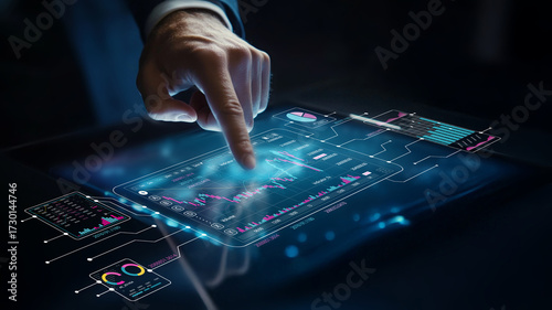 Futuristic Digital Interface with Business Data and Hand Interaction in a Dark Environment Highlighting Innovative Technology Trends